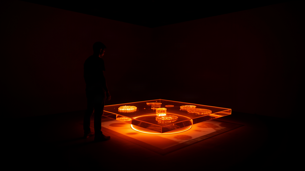 A person approaching an illuminated interactive surface