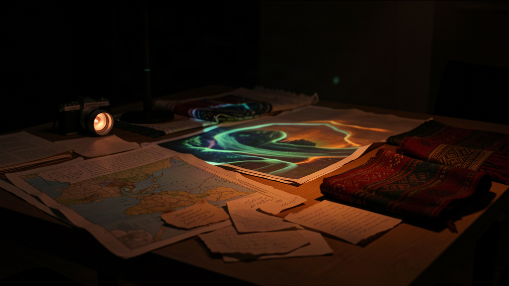 A table of maps, notes, textiles and projected images used to build a story world